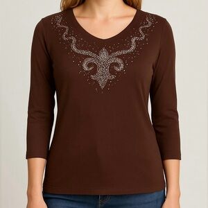 Reba Chocolate Brown Ribbed Embellished Blouse Size 2X